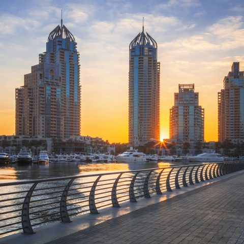 View of Dubai marina at sunrise, UAE